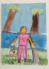 На прогулке дочка с собачкой