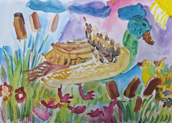 "Уточка с утятами на пруду"