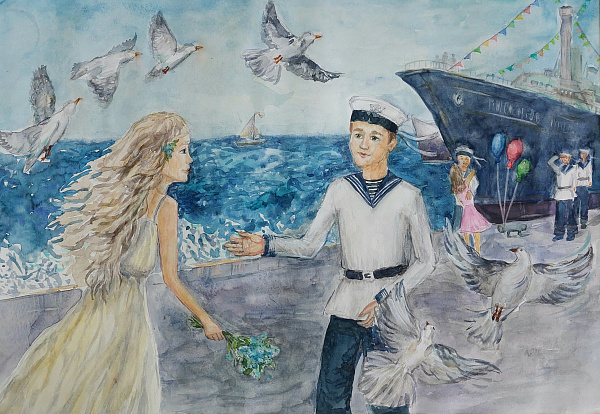 "Встреча на берегу", гуашь